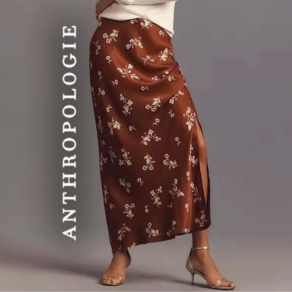 NWT! Anthropologie Tilda Maxi Slip Skirt - Brown Floral Motif - Size Small 🐾⏰